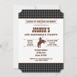 Invitation Black Grey Plaid Cowboy Rodeo Anniversaire Invitat