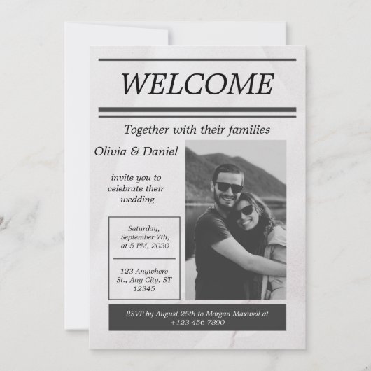 Invitation Black Grey Simple Journal Vintage Mariage Invita (Devant)