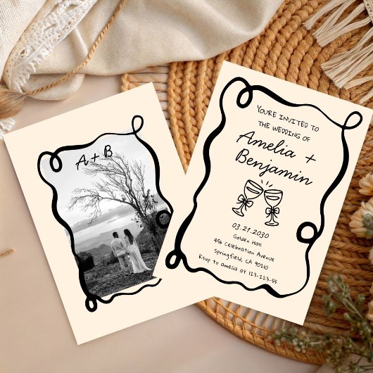 Invitation Black hand drawn champagne Whimsical Wedding 