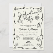 Invitation Black Hand Drawn Doodle Photo Graduate Party Cream (Devant)