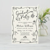 Invitation Black Hand Drawn Doodle Photo Graduate Party Cream (Debout devant)