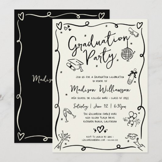 Invitation Black Hand Drawn Doodles Graduation Party Cream (Devant / Derrière)