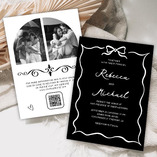 Invitation Black Hand Drawn White Bow QR Code Photo Wedding