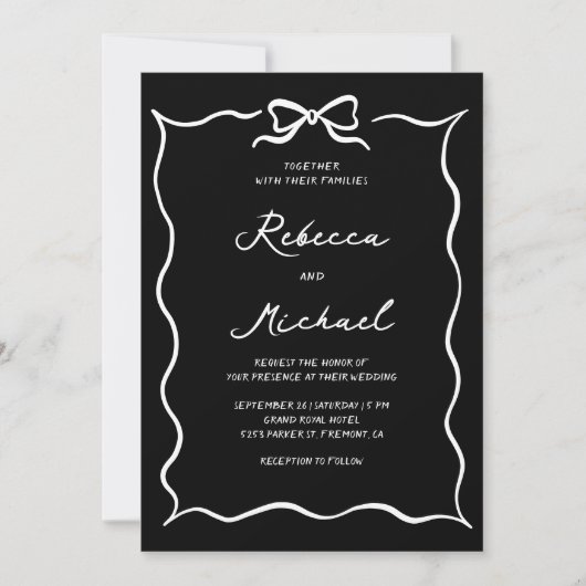 Invitation Black Hand Drawn White Bow QR Code Photo Wedding (Devant)