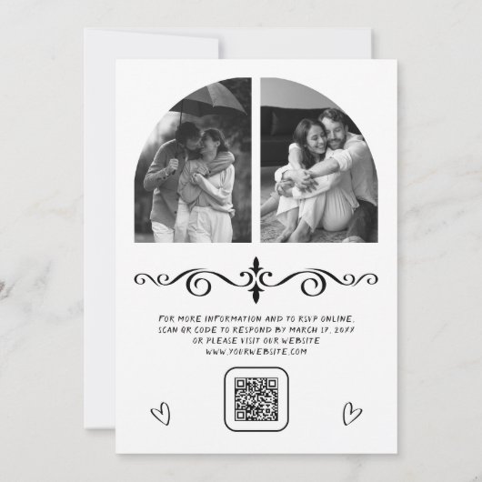 Invitation Black Hand Drawn White Bow QR Code Photo Wedding (Dos)