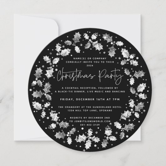 Invitation Black Hand Printed Holly+Berries Noël (Devant)