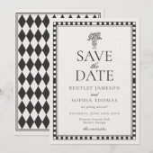 Invitation Black Harlequin Checkered Save the Date (Devant / Derrière)
