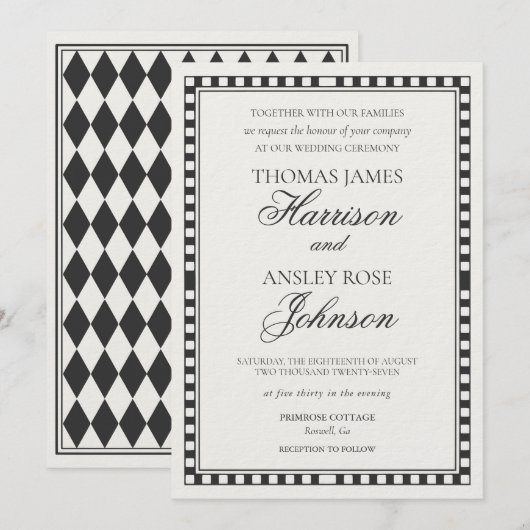 Invitation Black Harlequin Checkered Wedding (Devant / Derrière)