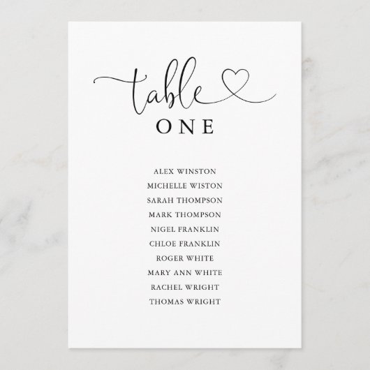 Invitation Black Heart Script Table Number Seating Chart (Devant)