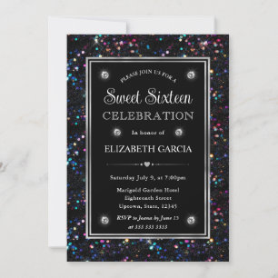 Invitation Black Holographic Parties scintillant Motif Cadre