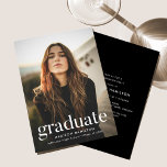 Invitation Black (homonymie) | Refined Photo Graduation Party<br><div class="desc">Simple graduation invitation featuring the graduate's vertical vertical "graduate" displayed in white modern lettering. Personalize the photo graduation party invite by adding the graduate's name,  school name,  and graduation year. The invite reverses to display your graduation party details with a black background.</div>