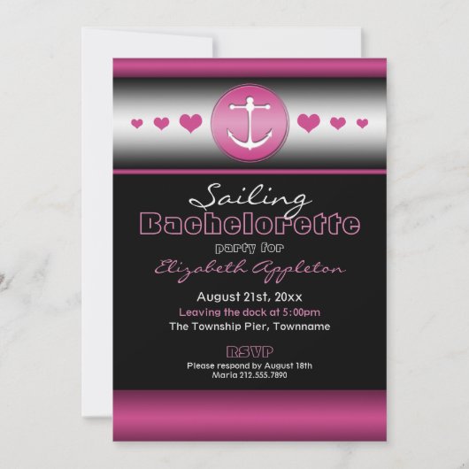 Invitation Black & Hot Fuchsia Nautique Bachelorette Party (Devant)