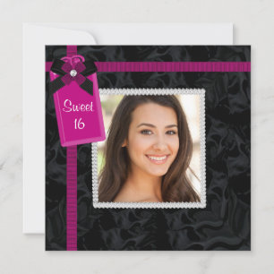 Invitation Black Hot Pink Photo Sweet 16 Anniversaire