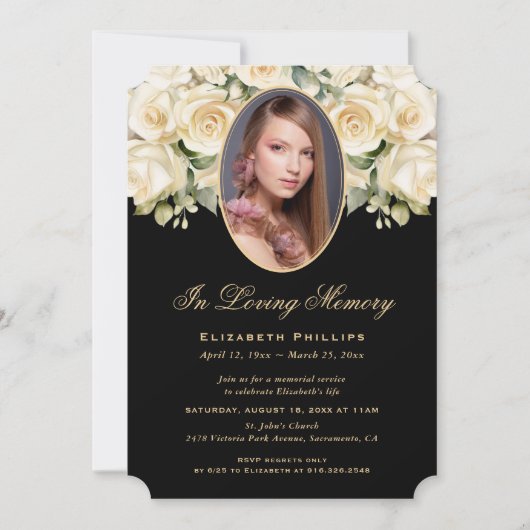 Invitation Black Ivory Cream Rose Photo Funeral Memorial (Devant)