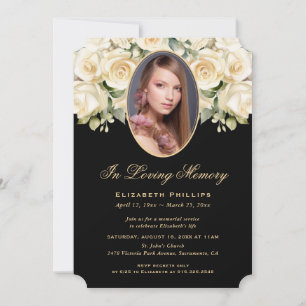 Invitation Black Ivory Cream Rose Photo Funeral Memorial
