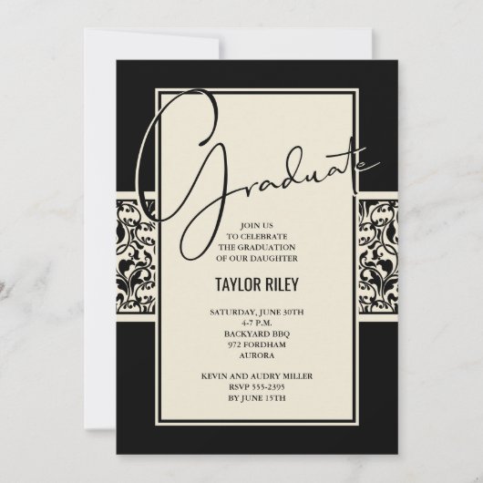 Invitation Black Ivory Graduation Damask (Devant)