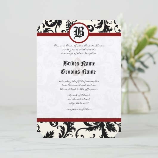 Invitation Black Ivory & Maroon Mariage damassé (Debout devant)