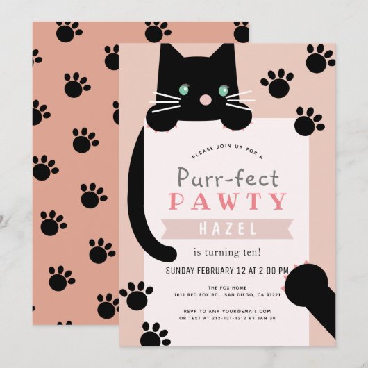 Invitation Black Kitty Chat Girl rose Anniversaire (Devant / Derrière)