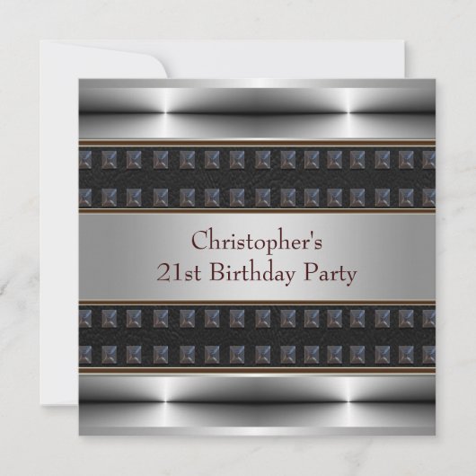 Invitation Black Leather Chrome Mans 21e fête d'anniversaire (Devant)