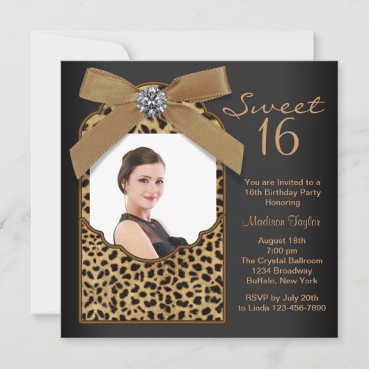 Invitation Black Leopard Photo Sweet 16 Anniversaire (Devant)