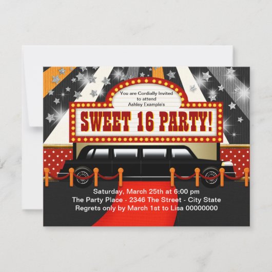 Invitation Black Limo Movie Star Sweet 16 Party (Devant)