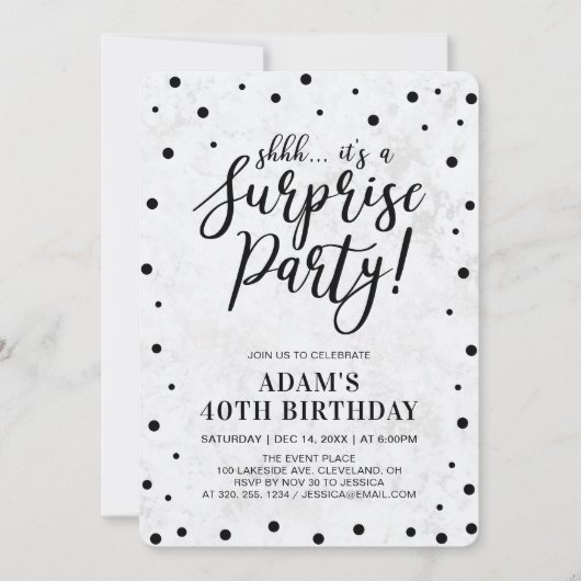 Invitation Black & Marble | Fête d'anniversaire surprise mode (Devant)