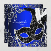 Invitation Black Masque Royal Blue Masquerade Party (Devant / Derrière)
