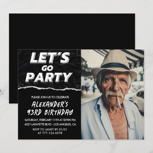 Invitation Black Men Photo LET'S GO PARTY 93e anniversaire (Devant / Derrière)