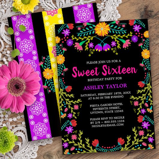 Invitation Black Mexicaine Fiesta Folk Art Floral Sweet sixte