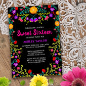 Invitation Black Mexicaine Fiesta Folk Art Floral Sweet sixte