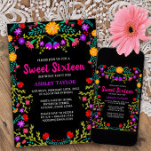 Invitation Black Mexicaine Fiesta Folk Art Floral Sweet sixte