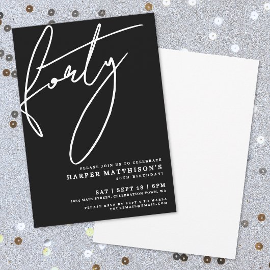 Invitation Black Minimalist Forty 40th Birthday Party