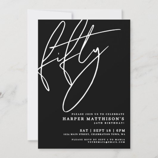 Invitation Black Minimalist Script Fifty 50th Birthday Party (Devant)