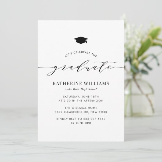 Invitation Black Minimalist Script Graduation Party (Debout devant)