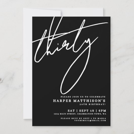 Invitation Black Minimalist Thirty 30th Birthday Party (Devant)
