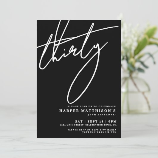 Invitation Black Minimalist Thirty 30th Birthday Party (Debout devant)
