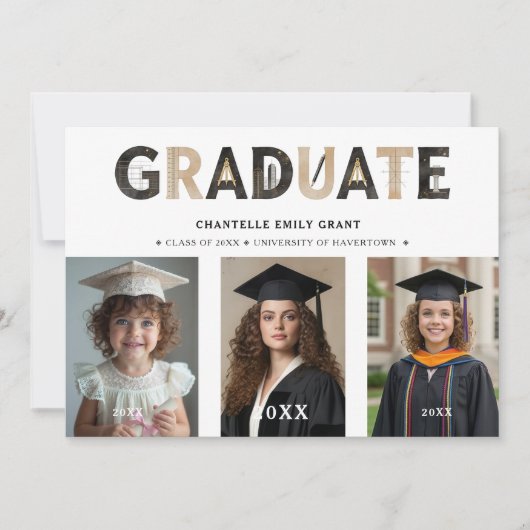 Invitation Black Modern Architecture Grad 3-Photo Timeline (Devant)