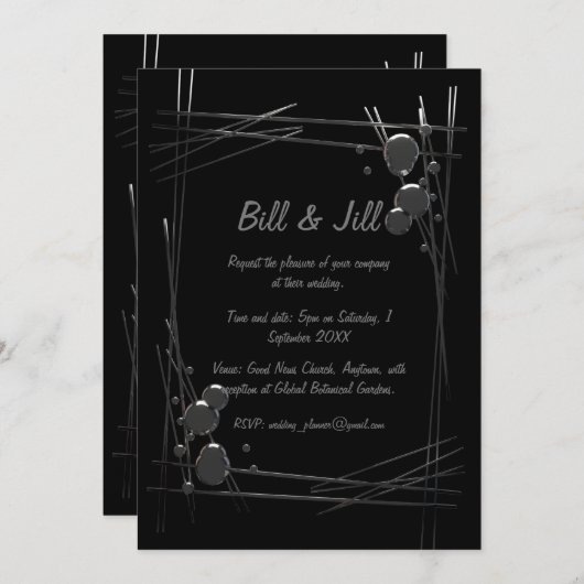 Invitation Black Modern Argent Abstrait + Bubble Art Mariage (Devant / Derrière)