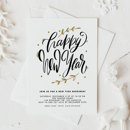 Invitation Black Modern Calligraphy and Wreath New Year Party