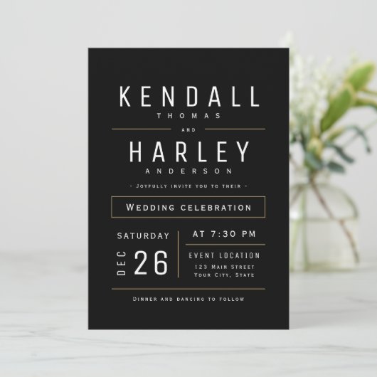 Invitation Black Modern Chic Simple Typographie Mariage photo (Debout devant)
