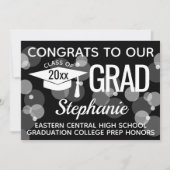 Invitation Black Modern Confetti Bokeh Bubbles Graduation (Devant)