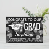 Invitation Black Modern Confetti Bokeh Bubbles Graduation (Debout devant)