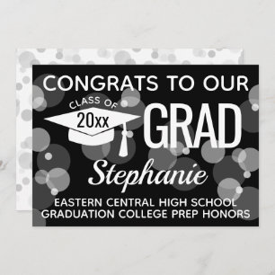 Invitation Black Modern Confetti Bokeh Bubbles Graduation