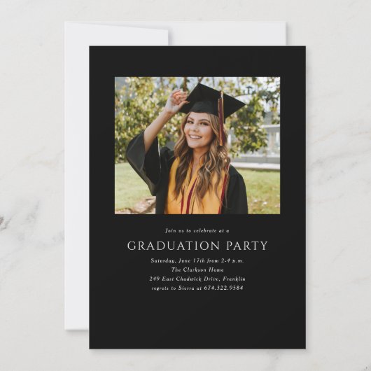 Invitation Black Modern Elegant Script Photo Graduation Party (Dos)