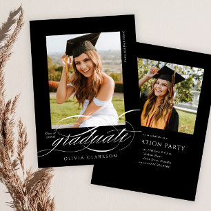 Invitation Black Modern Elegant Script Photo Graduation Party