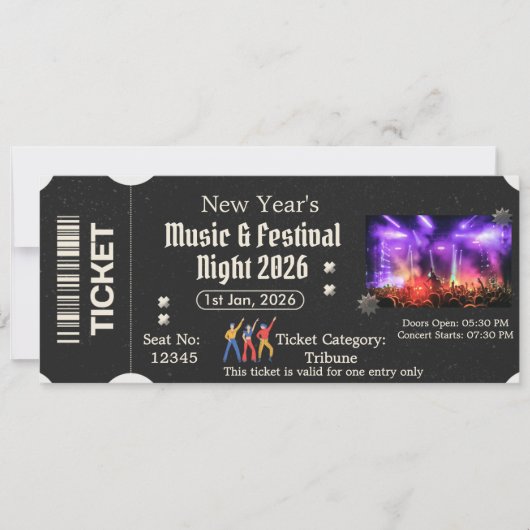 Invitation Black Modern New Year's Music Festival Entry Tkt (Devant)