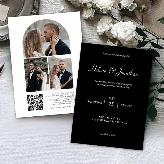 Invitation Black Modern Photo QR Code Mariage