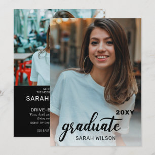 Invitation Black Modern Script Graduate Deux Photos Conduite