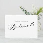 Invitation Black Modern Simple Script Be My Bridesmaid White (Debout devant)