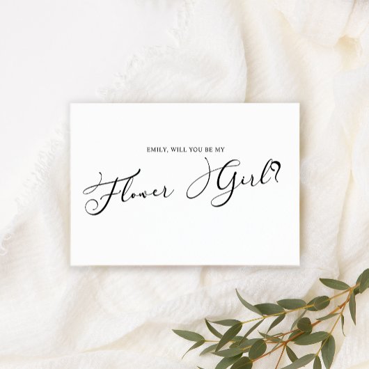 Invitation Black Modern Simple Script Be My Flower Girl White